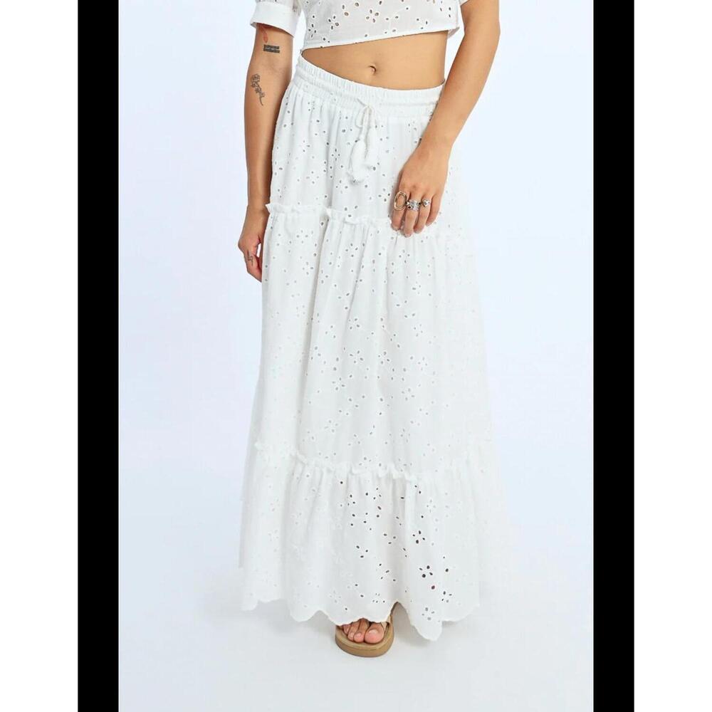 NEW MOLLY BRACKEN eyelet maxi skirt in white